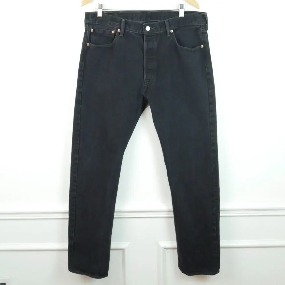 Levis 501 Jeans Mens 36 x 34‎ Black Rigid Denim Button Fly Straight Leg Classic